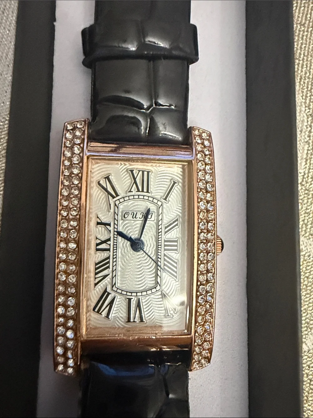XOXO Rose Gold-Tone Crystal Rectangular Watch with Black Strap
